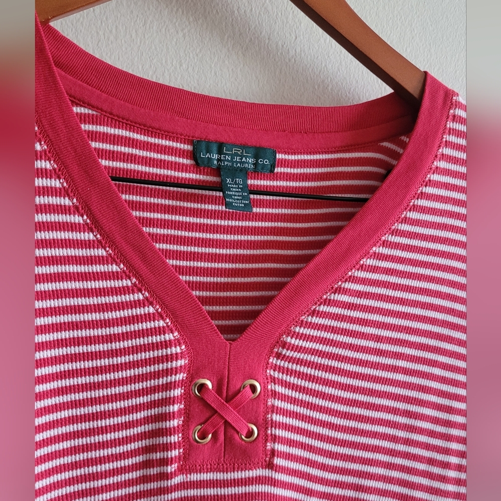 Ralph Lauren vneck top waffle knit nautical striped 3/4 sleeved Women's XL - Picture 2 of 7